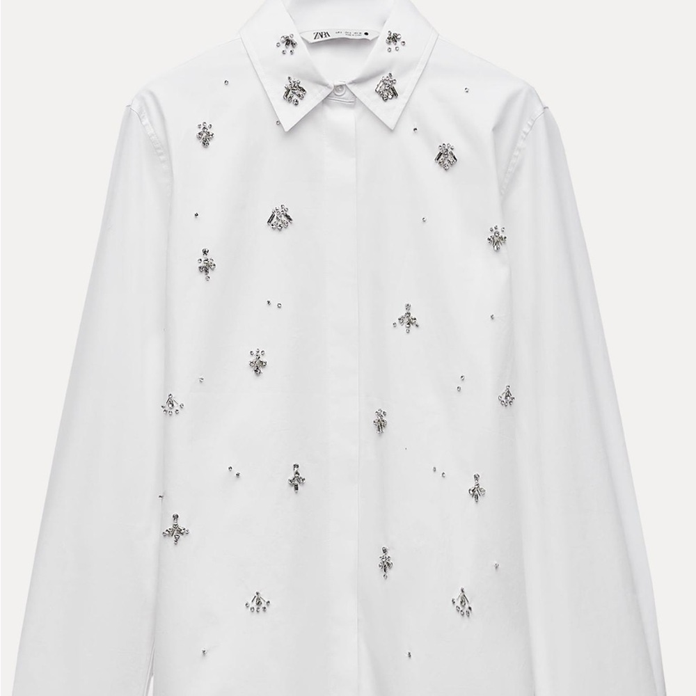 Zara White Embellished jewel poplin women’s Shirt